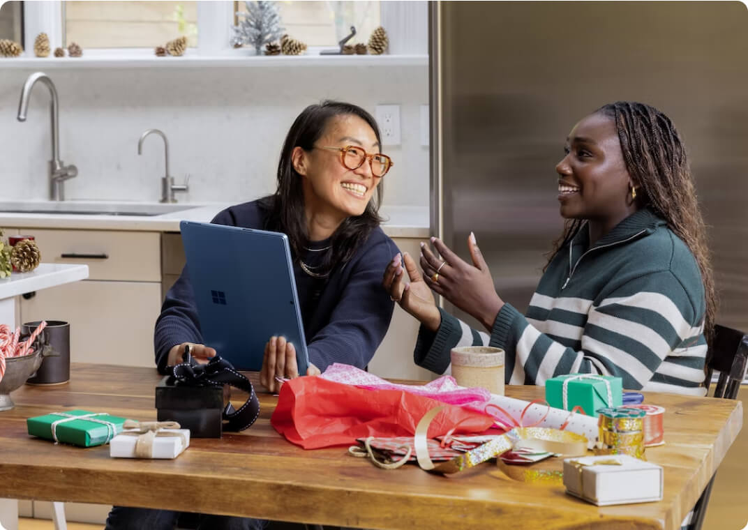 two women reviewing products