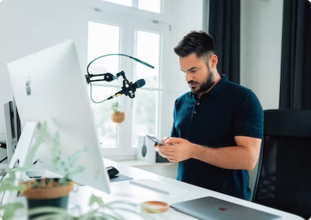 podcast content creator on phone