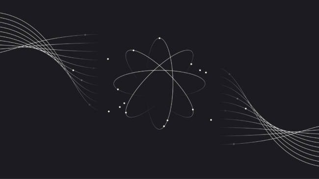 Decorative image: conceptual image attempting to illustrate the concept of AI. An atom-like image in the center with dots in a circular orbit. Wavy lines on both the left and right of the image suggesting multiple branching paths