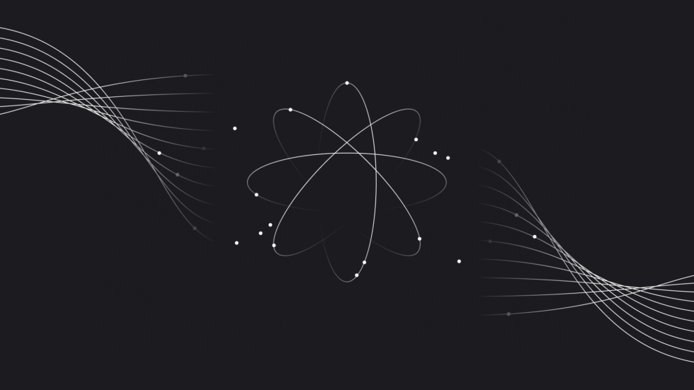 Decorative image: conceptual image attempting to illustrate the concept of AI. An atom-like image in the center with dots in a circular orbit. Wavy lines on both the left and right of the image suggesting multiple branching paths