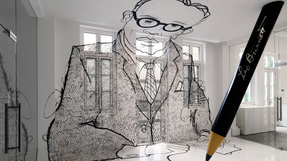 Greatest marketers of all time: a picture of the Leo Burnett office entrance. A white space with windows. A line drawing of Burnett is overlaid on the walls, windows, and ceiling. A large statue of a pencil that says "Leo Burnett" on the barrel in the foreground