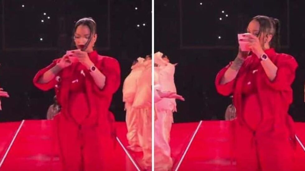 Rihanna using Fenty products during her Super Bowl halftime show.