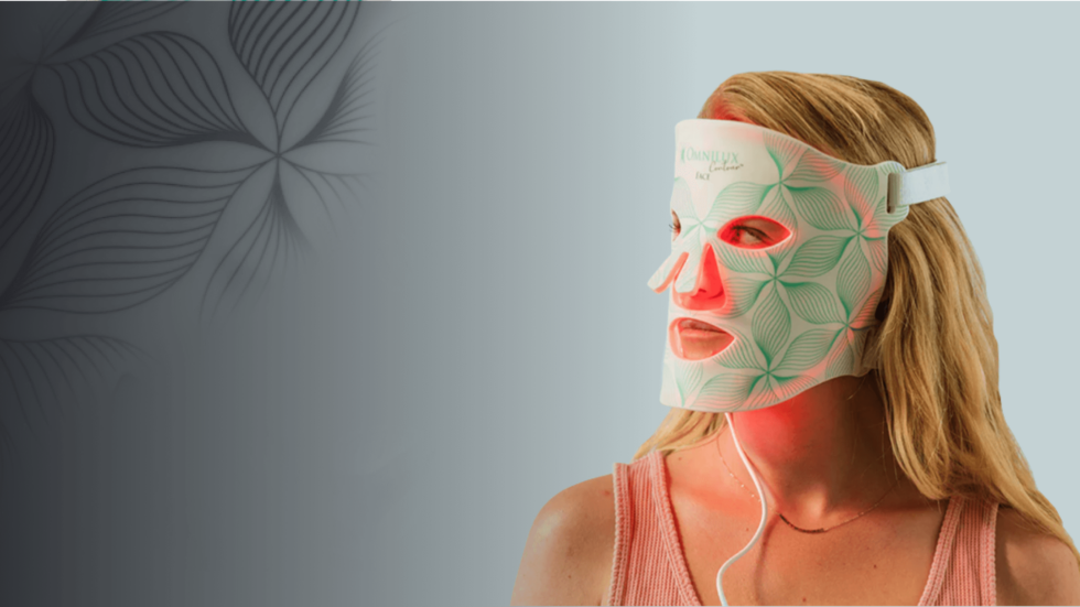 Omnilux BENlabs case study feature image: A woman wears an Omnilux LED light therapy mask. Red light emanates from the eye, nose, and mouth areas