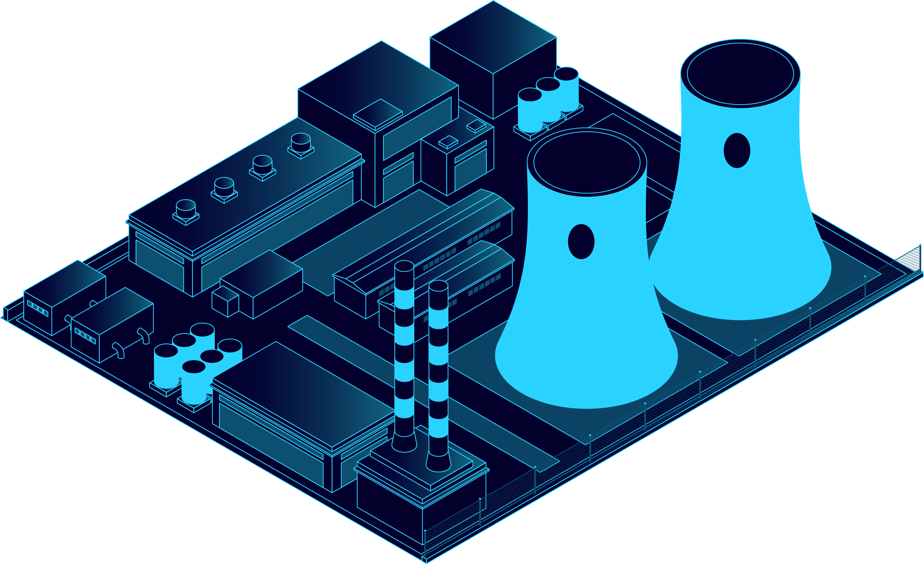 Blue floor plan of buildings and two nuclear reactor