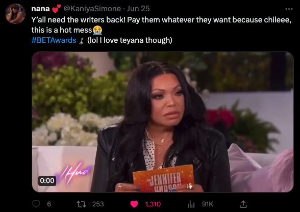 BET Awards viewers posts on Twitter regarding the writer's strike