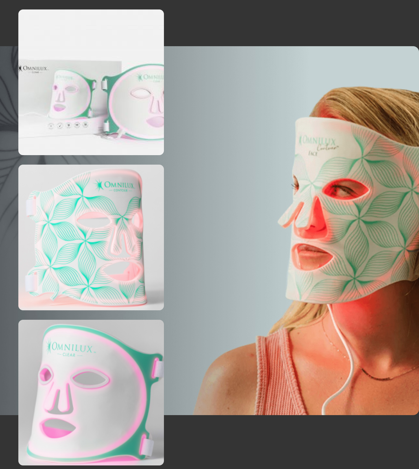 A grid of Omnilux mask product images