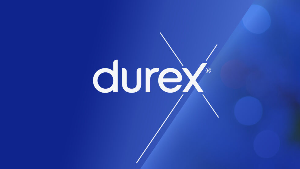"Durex" against blue backdrop with four lines connected to "x"