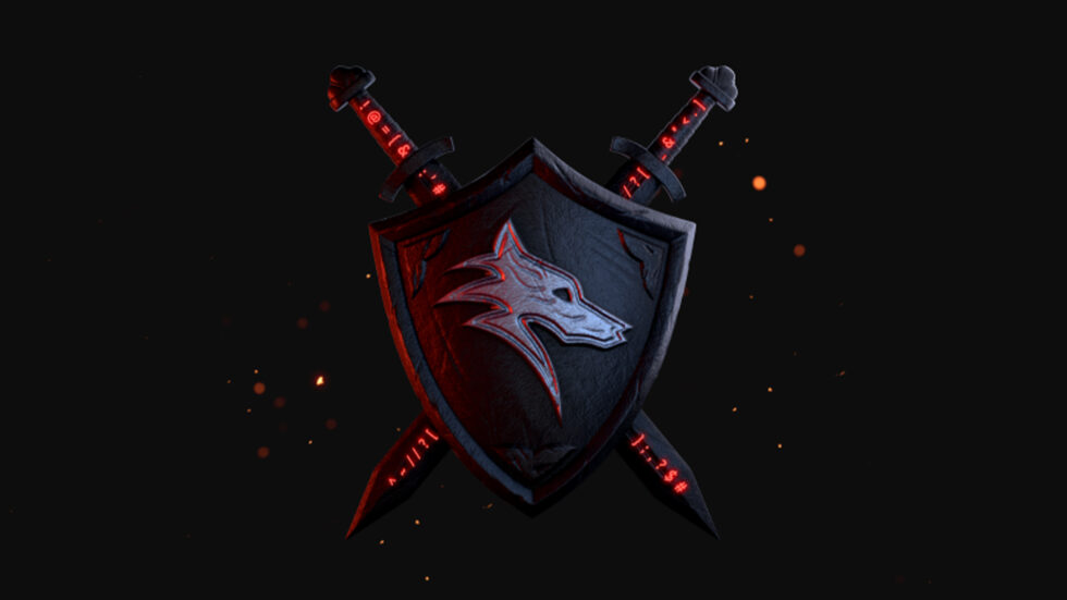 Grey shield with wolf emblem and two grey swords with red engravings