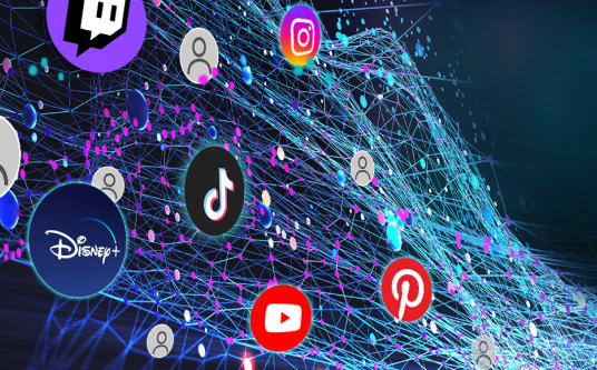 Image of a webbed data plexus with bubbles of social apps like Youtube, Pinterest, TikTok, Disney, Twitch, and Instagram