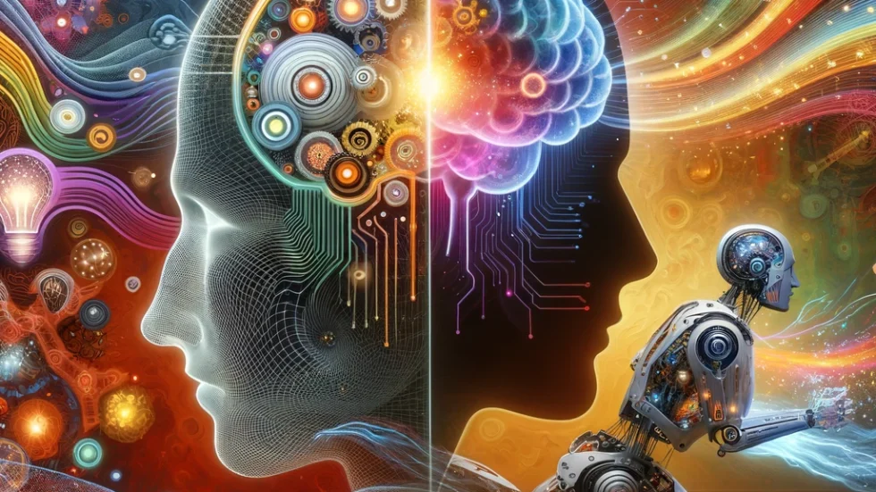 An abstract representation of marketing AI automation, showcasing a human figure with a brain of light bulbs and gears beside a robot with a network of circuits, symbolized by the vibrant exchange of shapes and colors. This image captures the synergy between human creativity and the efficiency of AI in the realm of marketing automation.