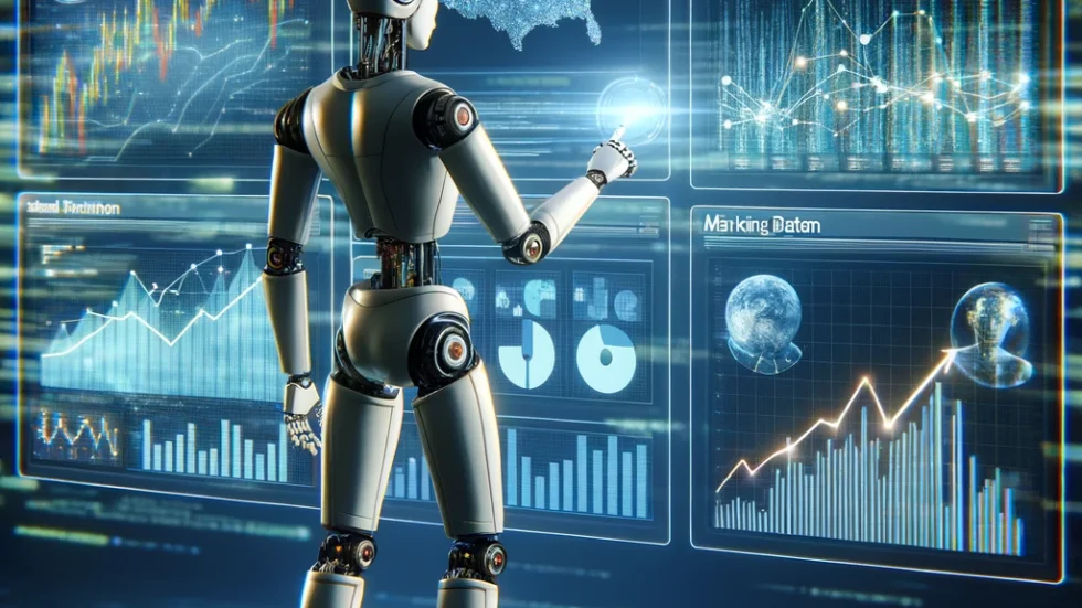 A humanoid robot engages in marketing AI automation by meticulously analyzing holographic screens with rising and falling marketing graphs, selecting successful strategies amidst a backdrop of digital code. The image represents the advanced analytical capabilities of AI in streamlining and enhancing marketing efforts.
