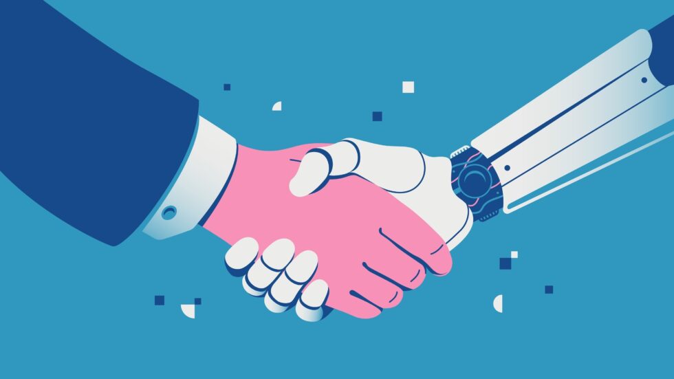 Harnessing AI for marketing strategies represented by shaking hands with a robot