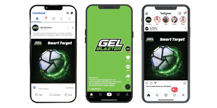 Image of three smart phones displaying social posts on various social networking platforms like Instagram, Facebook, and TikTok