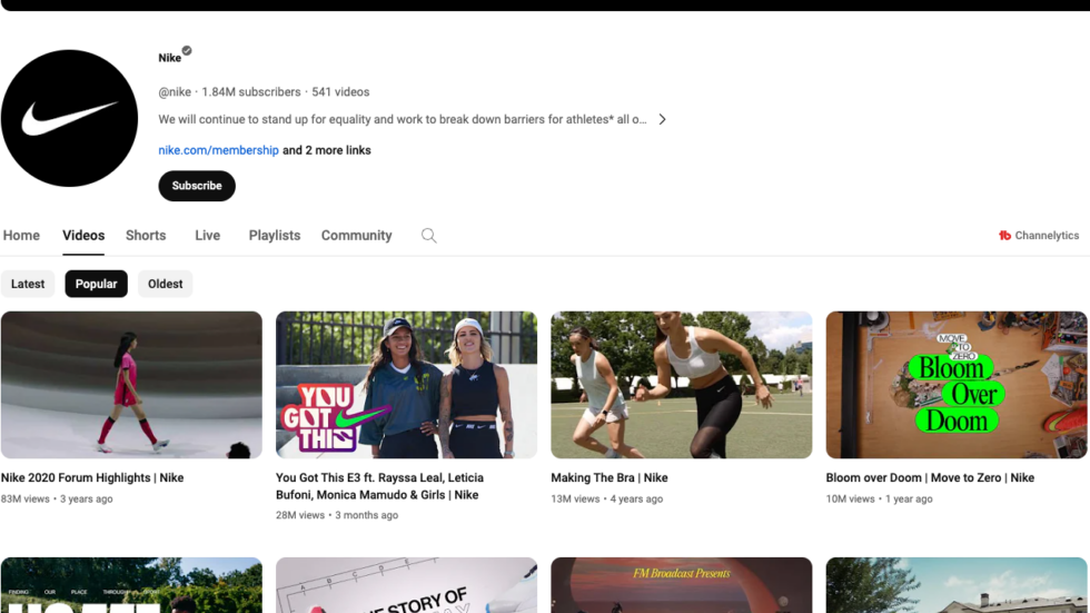 Nike as example of growing a YouTube channel