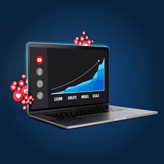 Image of a chart on a laptop screen with popups showing charts, logos, and likes on a social media platform